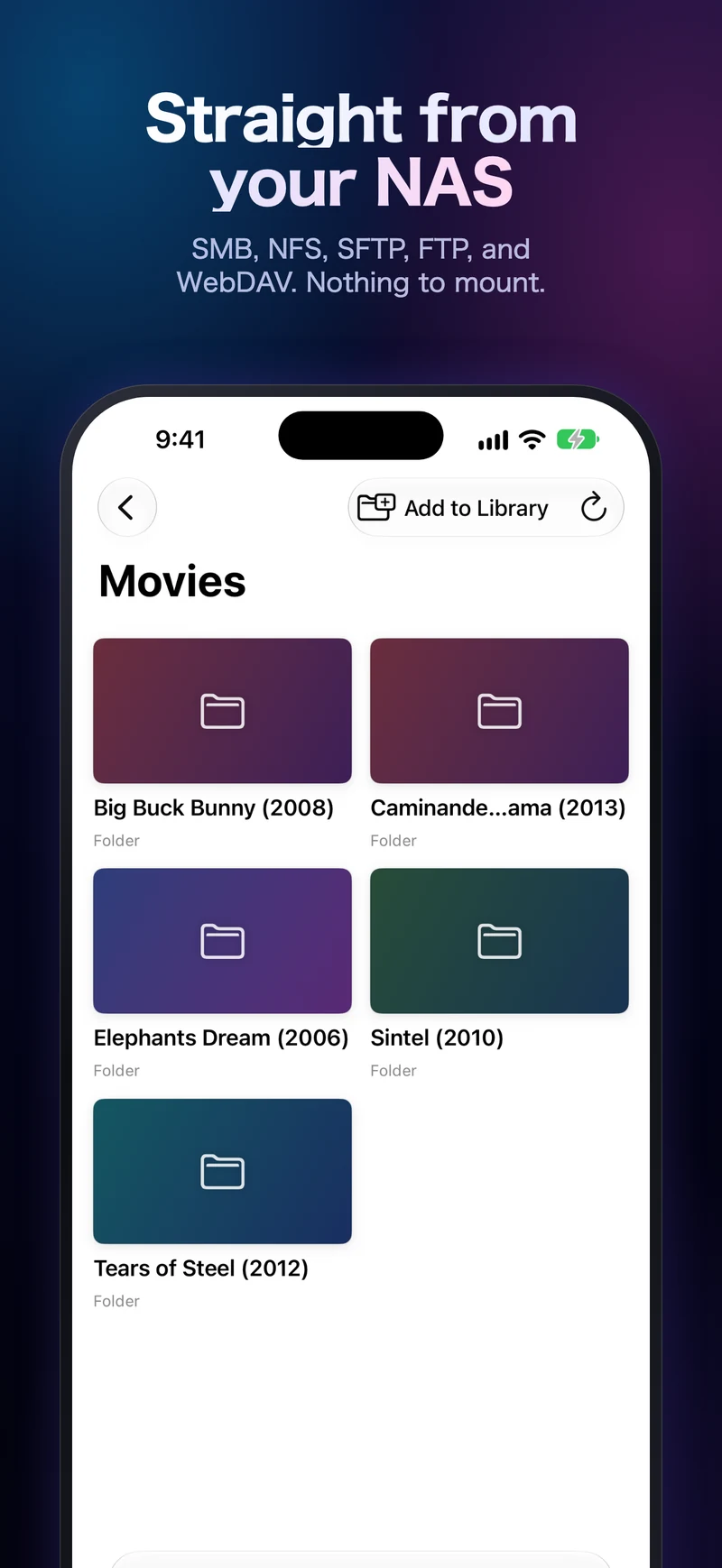 Vunio on iPhone browsing example movie folders from a WebDAV share