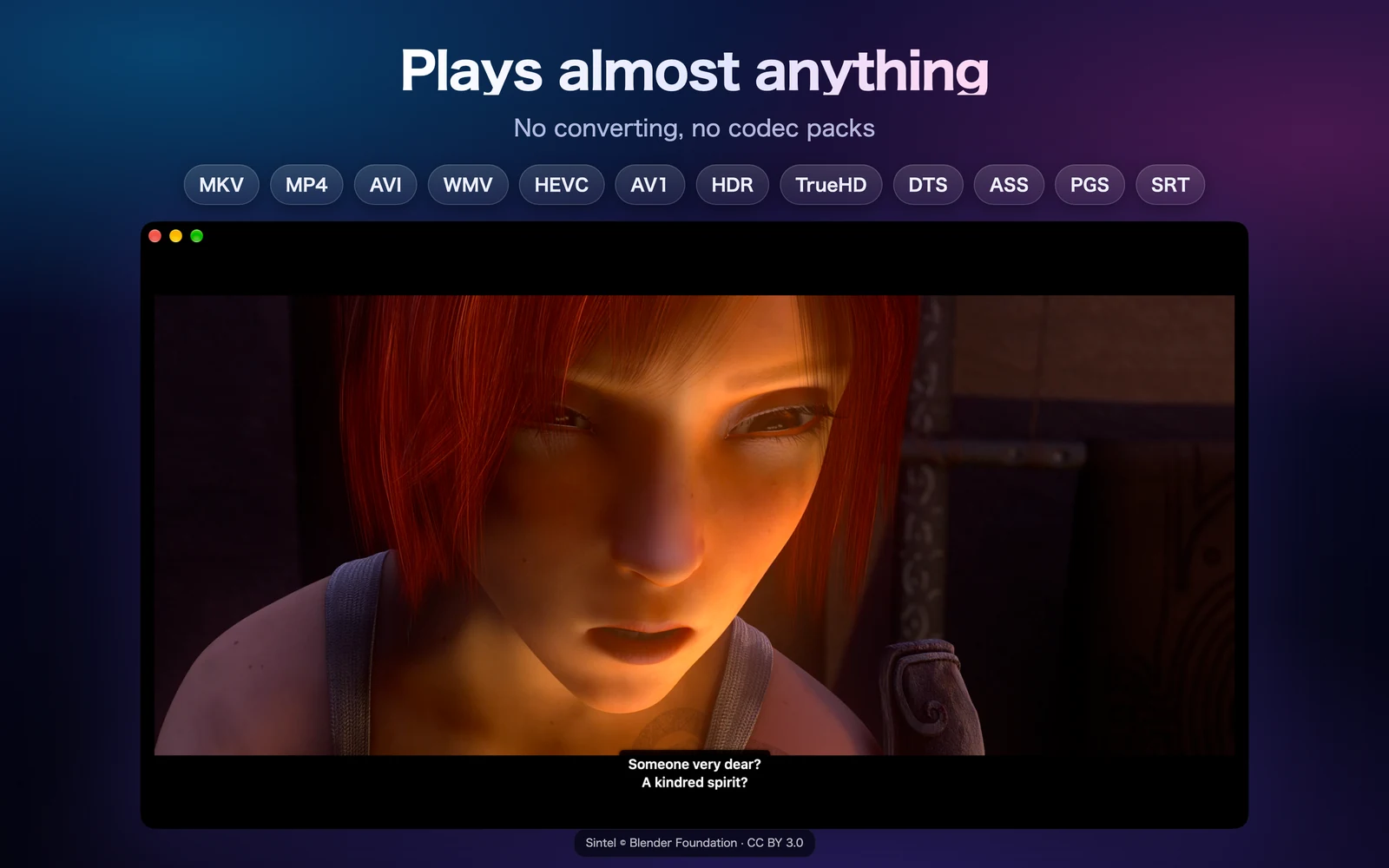 Vunio's Mac video playback window showing a scene from Sintel with subtitles